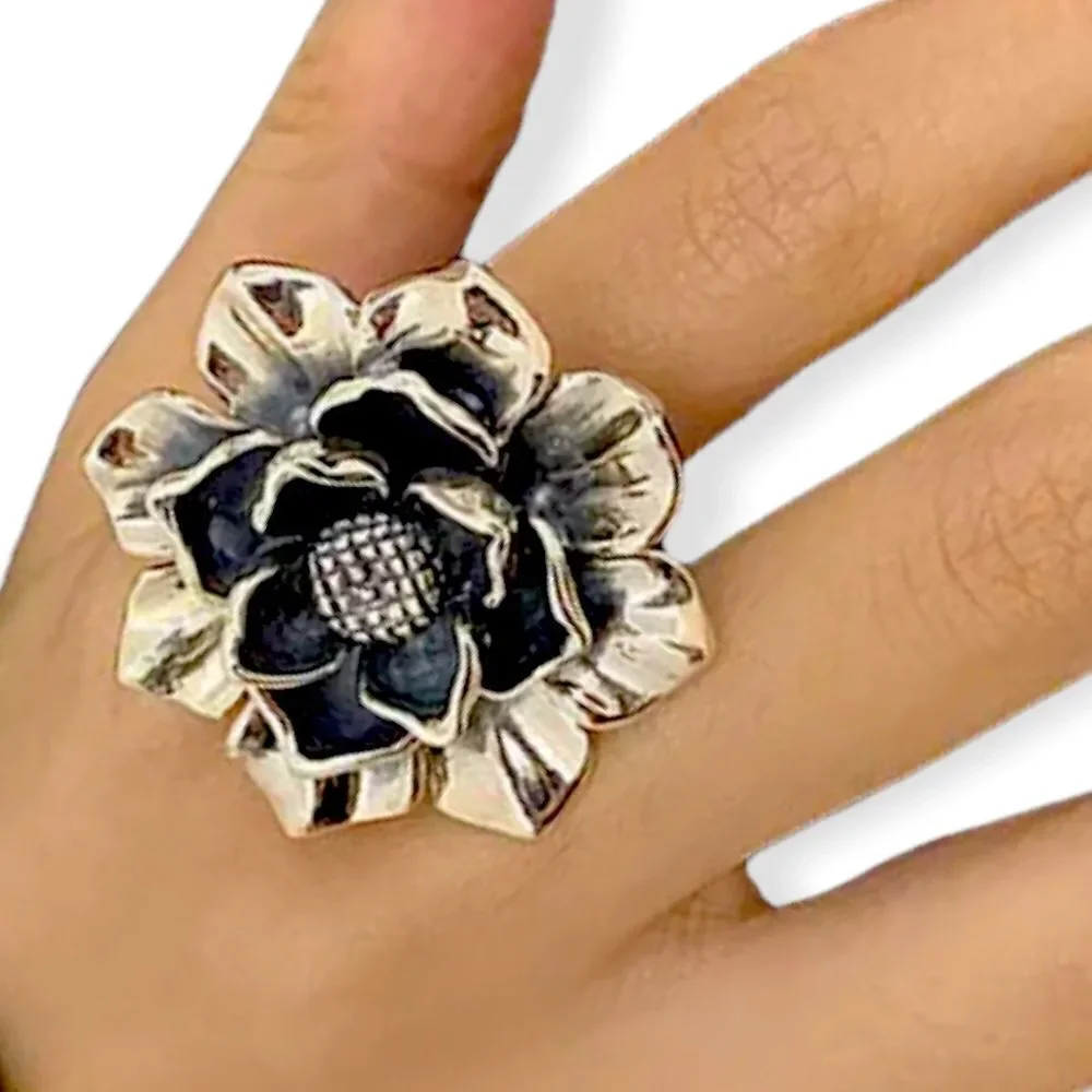 Antique Silver 3D Flower Statement Wrap Ring - NWT Adjustable